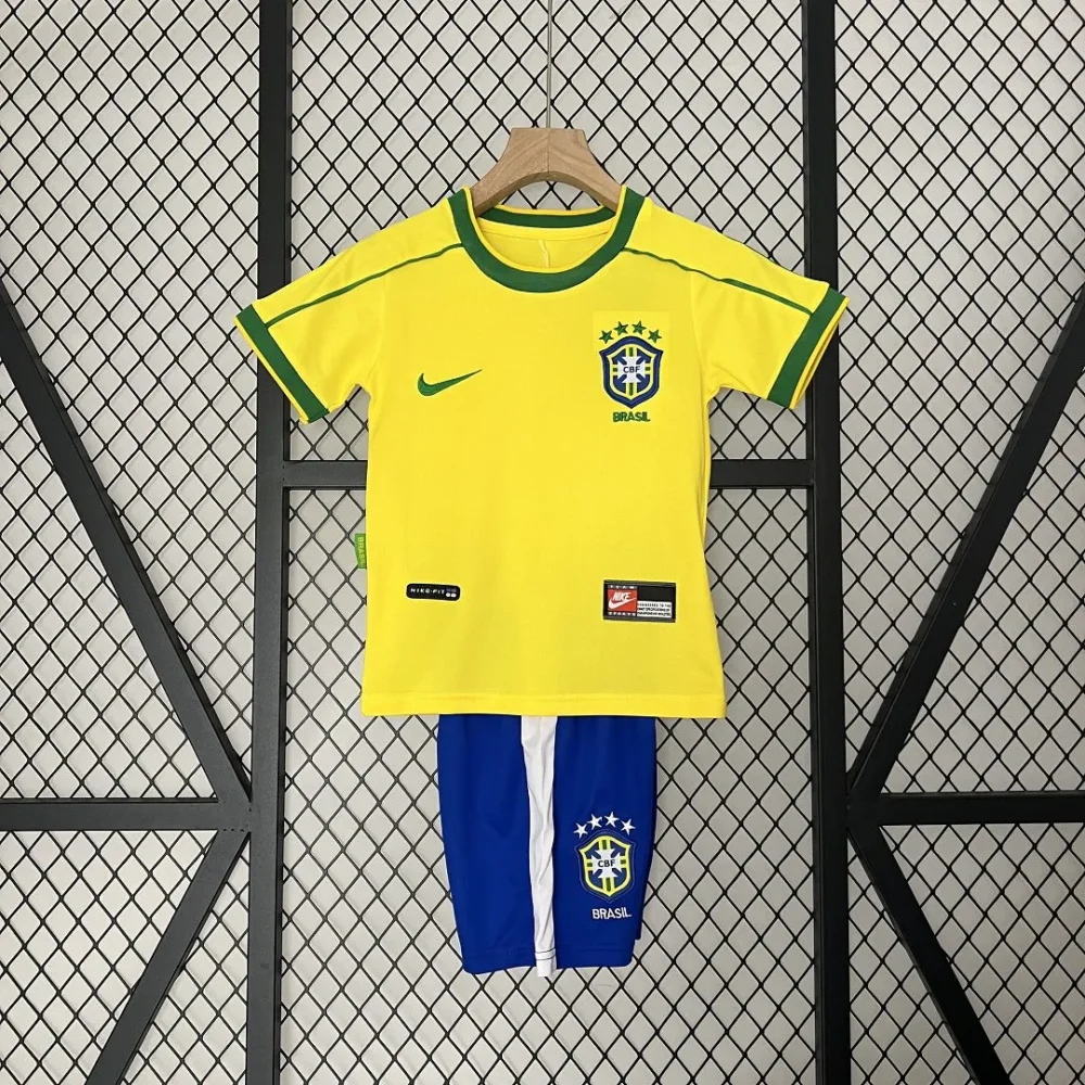 Brazil Retro Jersey Home Uniform Kids Kit Jersey+Shorts World Cup 1998