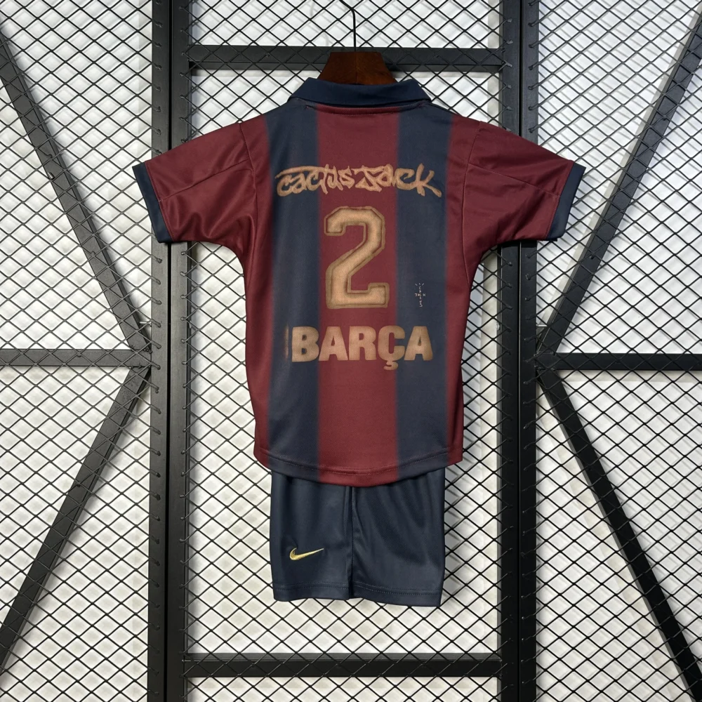 Barcelona Retro Home x CJ SKELETON Kids Kit Jersey+Shorts 2000/01 - Image 2
